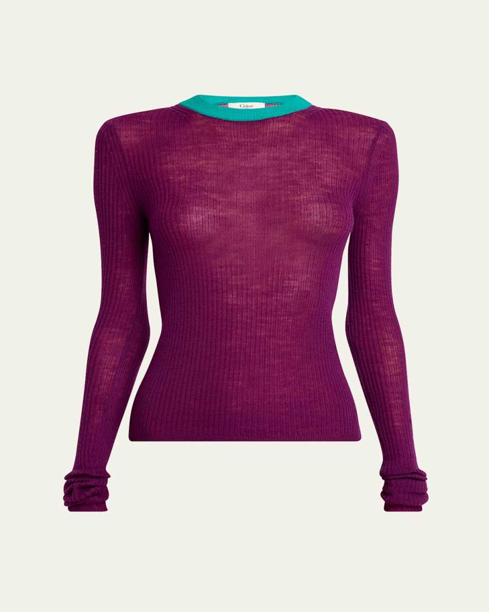 Bicolor Long-Sleeve Wool Crewneck Sweater